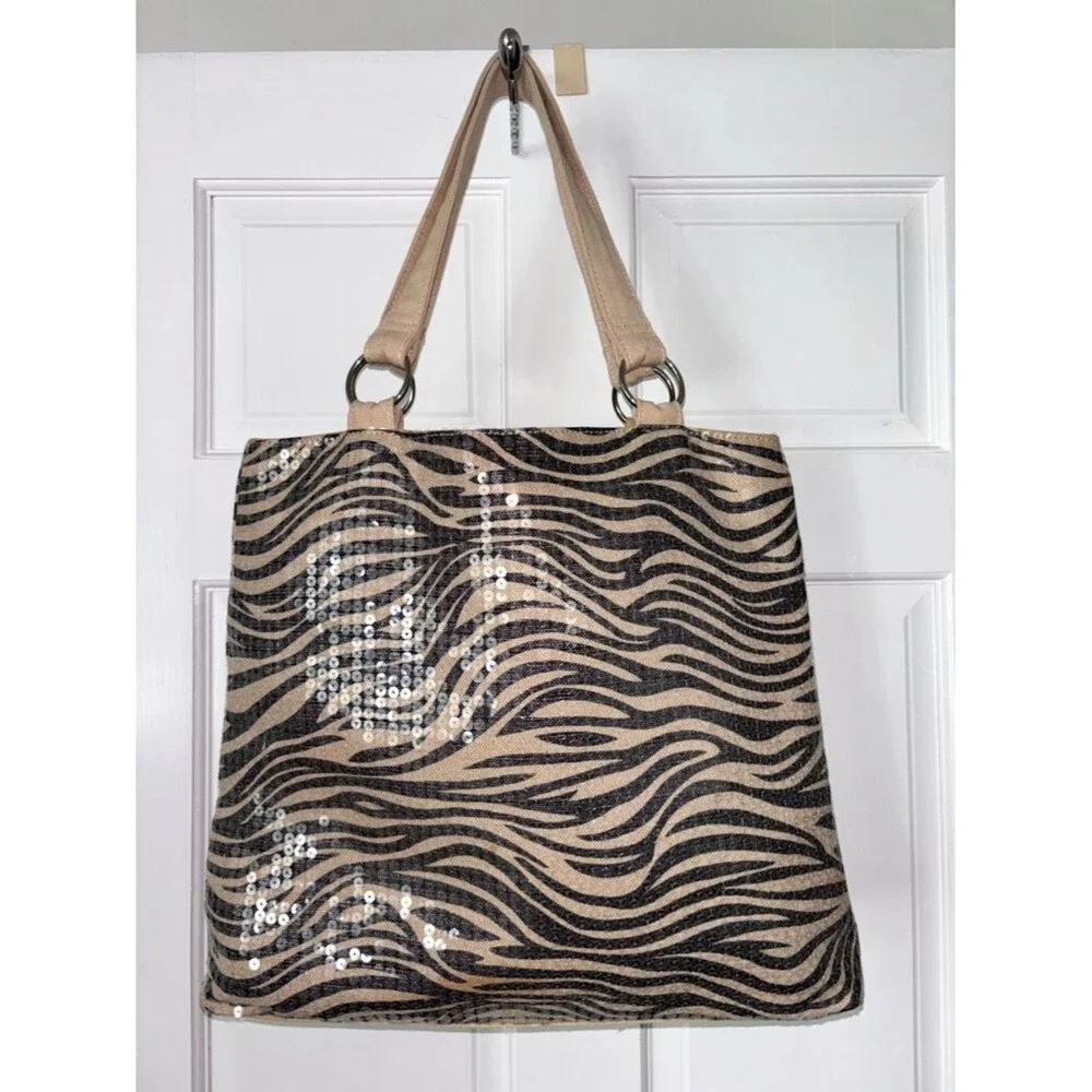 Zebra Striped Cotton Tote Black and Tan